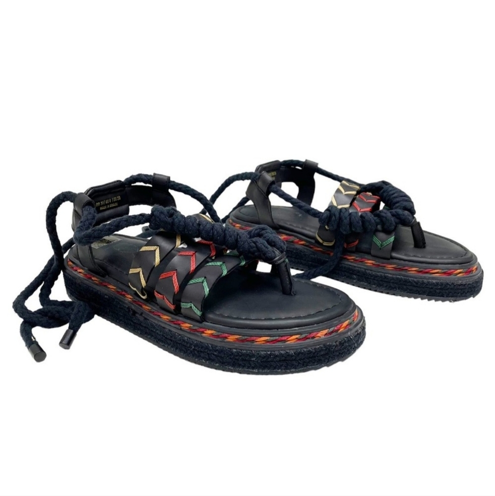 Farm Rio Sandals Womens 8 Black Rainbow Rope Tie Flatform Vegan Leather Like New